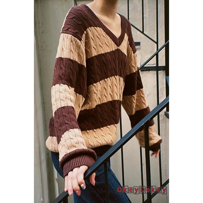 Áo Sweater Dệt Kim Tay Dài Cổ Chữ V Phối Họa Tiết Kẻ Sọc Thời Trang Thu Đông Cho Nữ