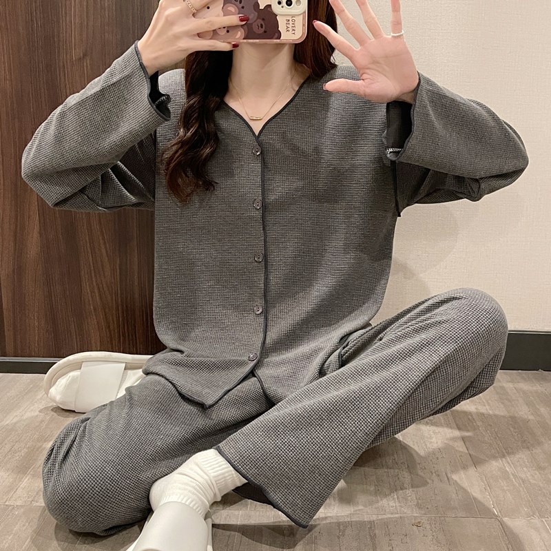 Bộ Đồ Ngủ Xuân Thu Hai Mảnh Bằng cotton Tay Dài Kẻ Ô Đơn Giản Thoải Mái Mới