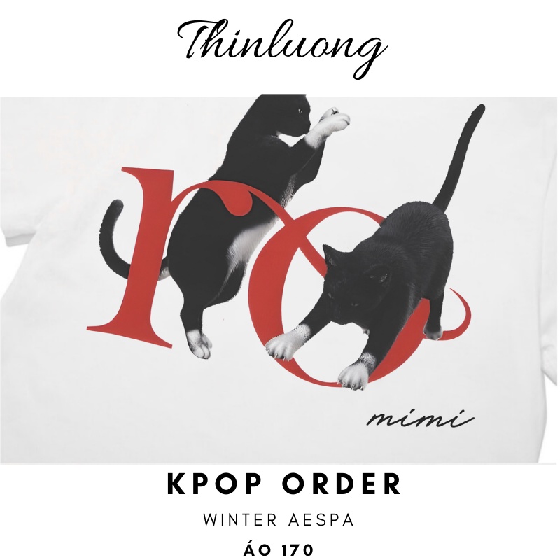 (Sẵn) Áo thun Aespa Winter màu trắng cotton cổ tròn hình mèo ro thời trang trẻ đáng yêu