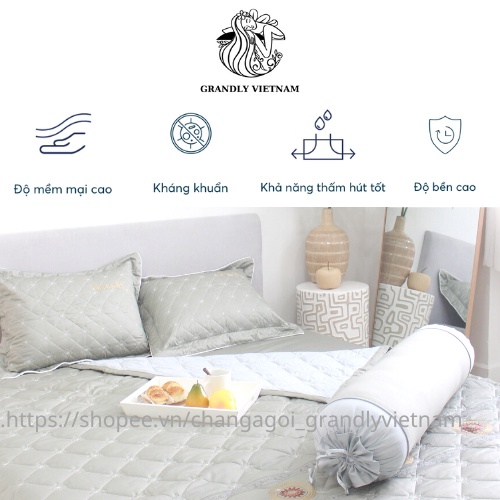 Bộ chăn ga gối (4 món) cao cấp Grandly Vietnam chính hãng vải màu chần bông 4 mùa siêu mềm mại