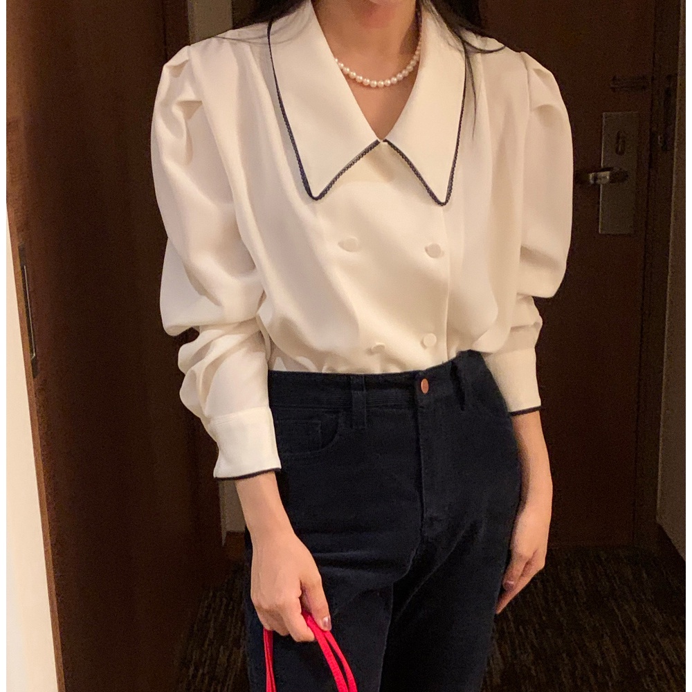 SUXI Áo sơ mi nữ tay dài phồng cổ chữ V phong cách vintage Hàn Quốc thanh lịch