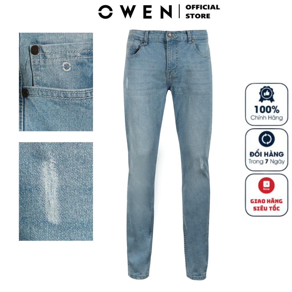 Quần Jean Nam Quần Bò Hàng Hiệu Owen QJSL221486 Màu Xanh Nhạt Dáng Slim Fit Ống Côn Vải Denim Cotton Cao Cấp Co Giãn Tốt
