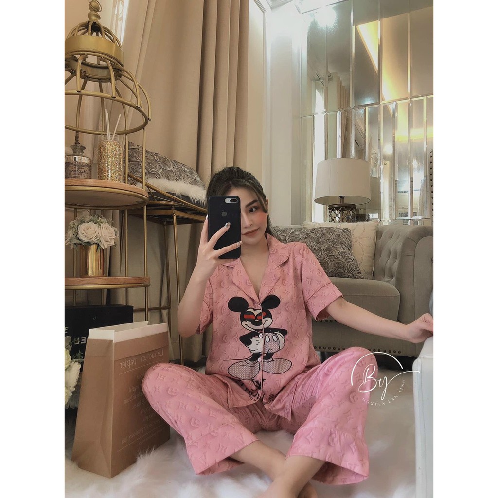 (Siêu Phẩm) Đồ bộ PIJAMA lụa satin tay ngắn quần dài cao cấp, mềm mịn, cổ thắt nơ xinh xắn