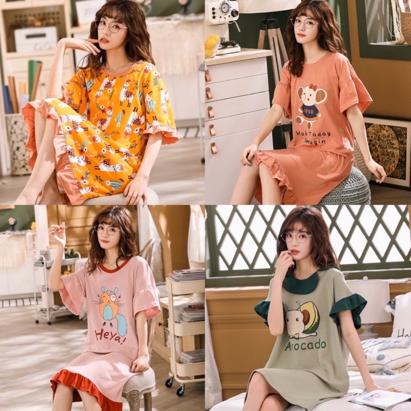 [NHIỀU MẪU] Đầm thun mặc nhà tiểu thư in hình dễ thương hàng nhập Quảng Châu