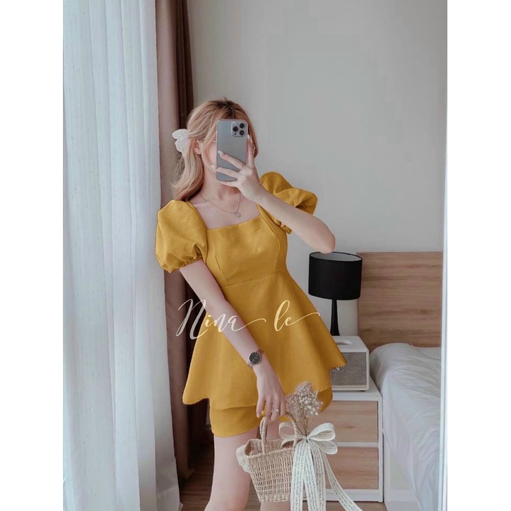 SÉT NỮ TAY BỒNG NƠ LƯNG TÙNG PHỒNG PHỐI QUẦN CẠP CAO CÓ MÚT CỰC XINH