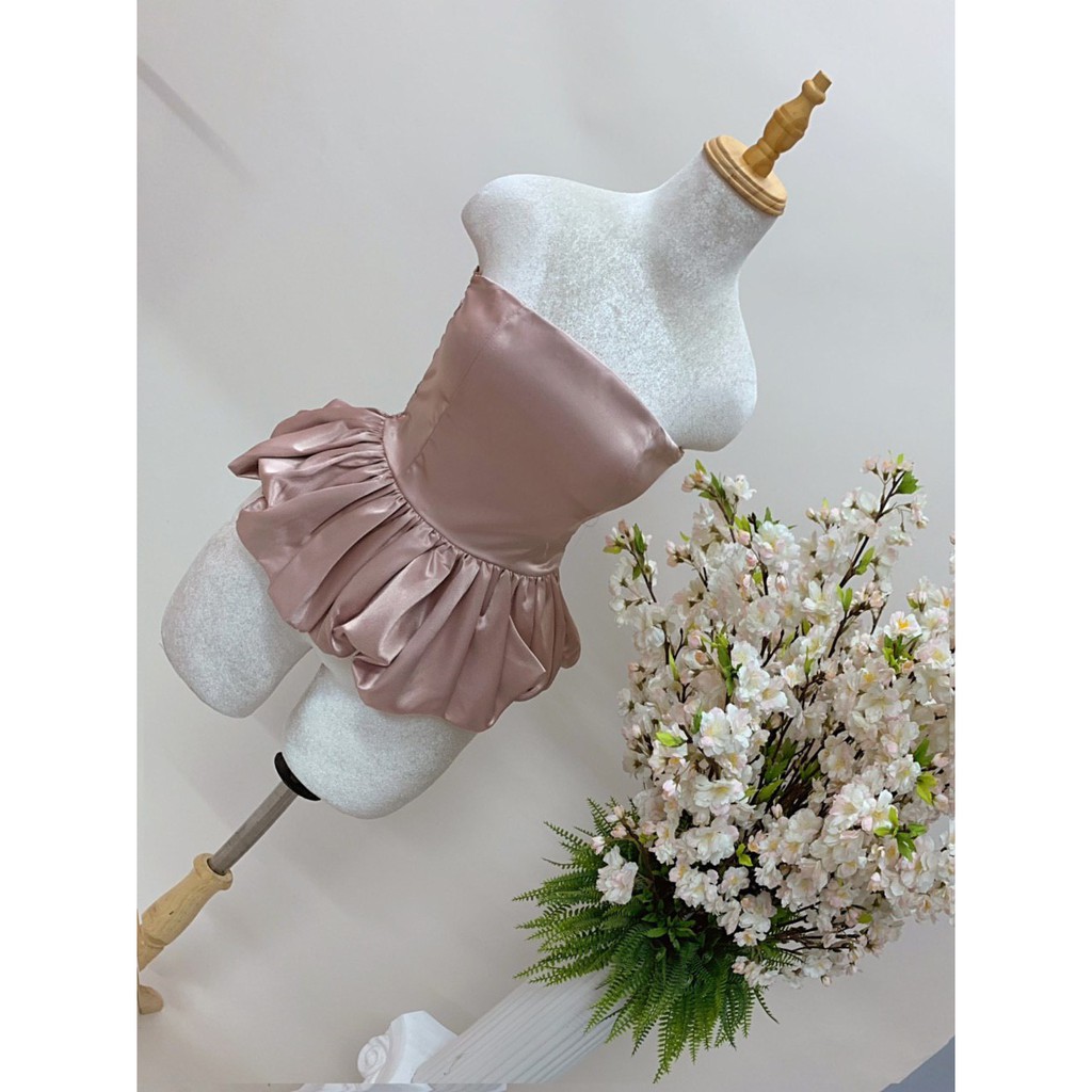 (HÌNH THẬT) Áo Satin Nhấn Eo Phồng Bí (NUDE)