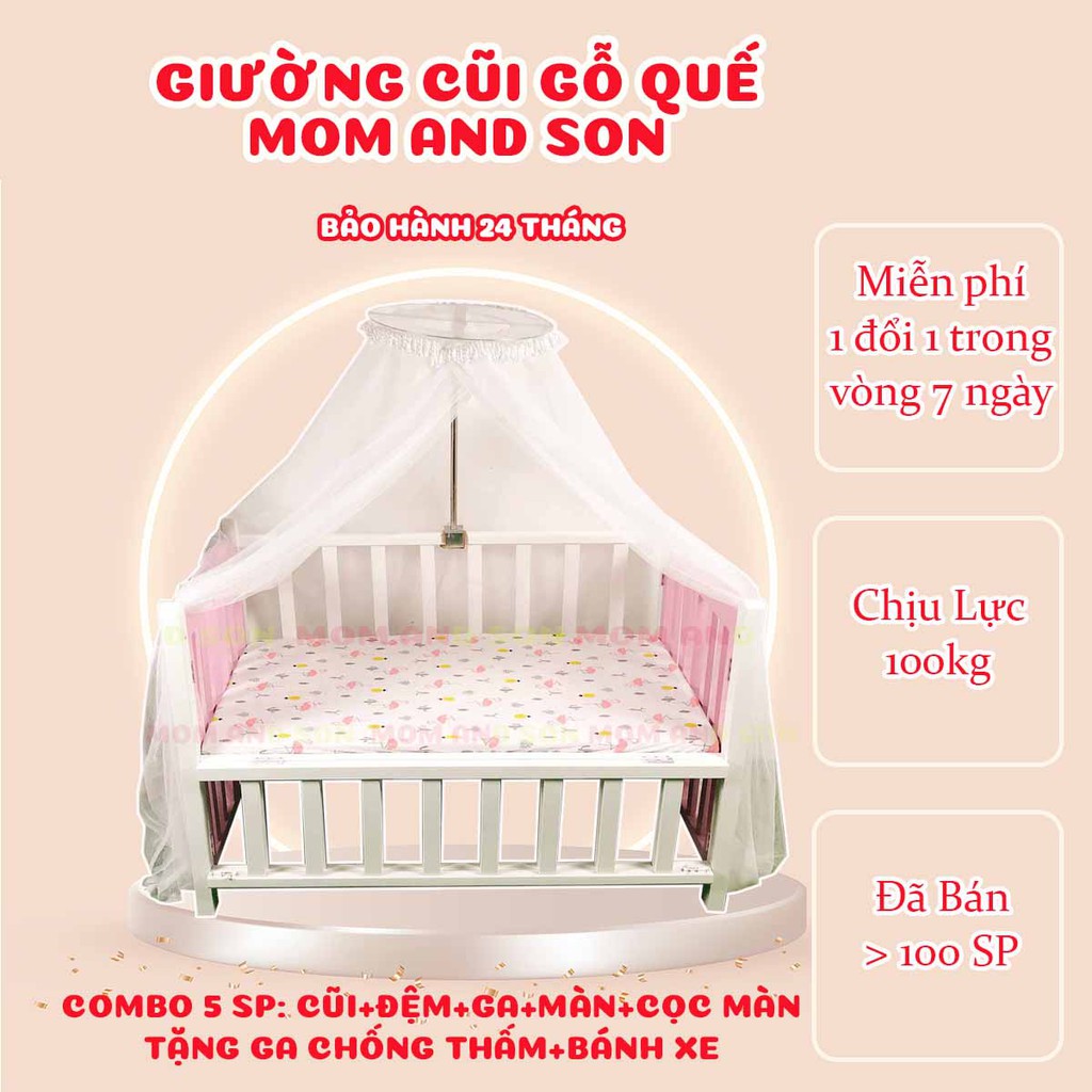 (Bộ 5 SP Tặng 2 SP) Giường Cũi Cho Bé Gỗ Quế Xuất Khẩu Màu Trắng Hồng 3 Kích Thước MOM AND SON - Bảo Hành 24 Tháng