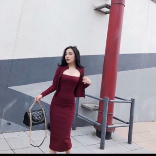 Đầm len  body kèm khoác tay dài qc ( kèm hình thật)