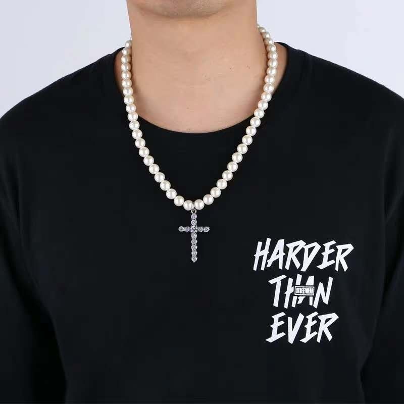 Vòng cổ choker chuỗi hạt ngọc trai phối mặt hình chữ thập đính đá phong cách Hàn Quốc cho nam và nữ