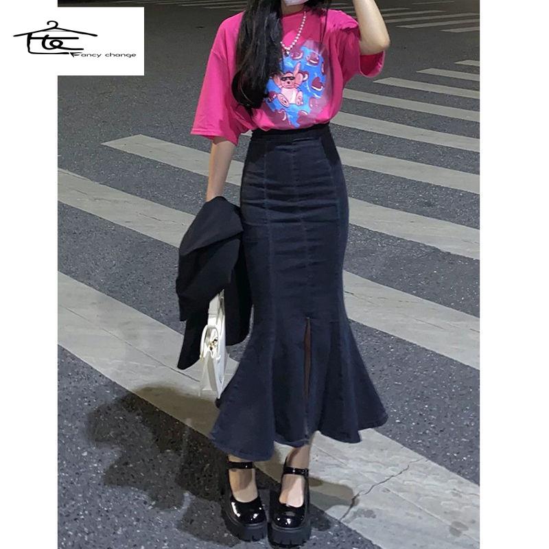 Chân Váy Denim Đuôi Cá Lưng Cao Dáng Chữ a Xẻ Tà Phong Cách Retro 150 Mẫu Mới Cho Nữ xs