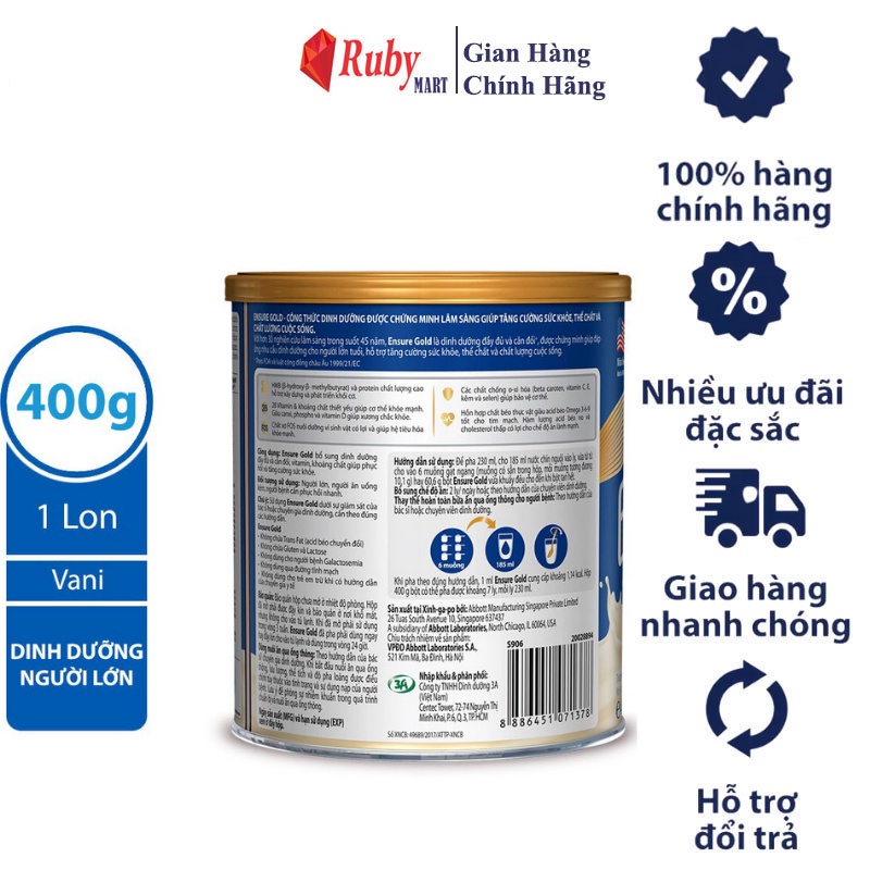 Sữa bột Ensure Gold Abbott hương vani (HMB) 400g &amp; 850g