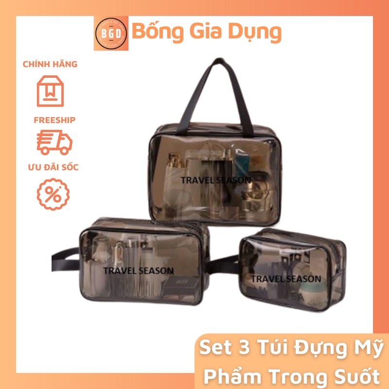 Túi trong suốt đựng mỹ phẩm, đồ cá nhân đi du lịch, công tác, đồ gia dụng- Combo set 3 túi trống nước