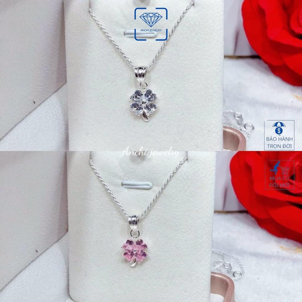 Dây chuyền cỏ 4 ( bốn ) lá đính đá xanh đỏ hồng trắng, bạc thật đeo không đen - Anchi jewelry