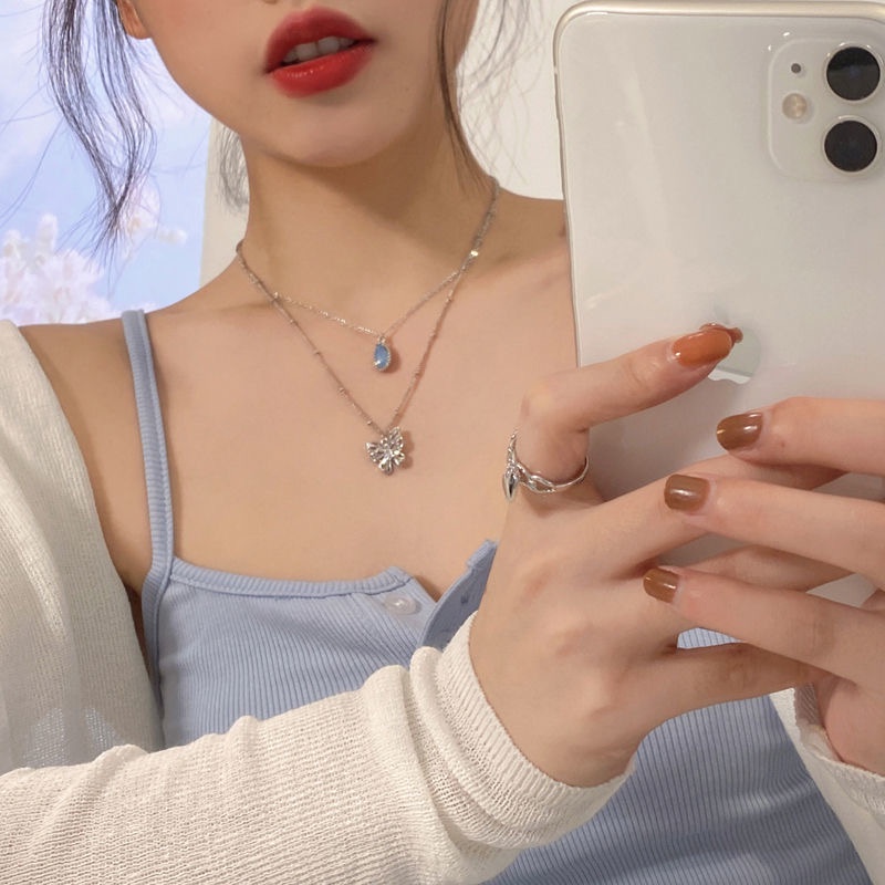 Vòng cổ thép titan phối mặt hình bướm và đá zircon xanh lam nhạt nhân tạo duyên dáng thời trang