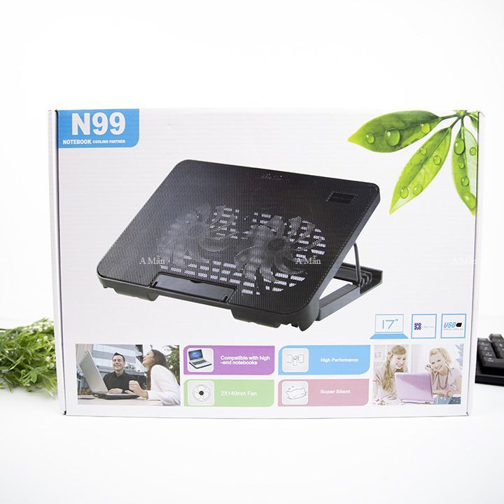 Đế tản nhiệt Laptop Cooling pad N99 1 Fan | 2 Fan, đèn led, có nấc nâng lên hạ xuống cho laptop từ 10-17 inch