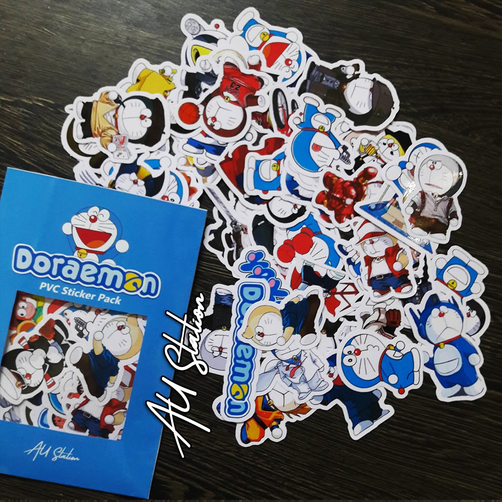 50 miếng decal Sticker DORAEMON Nhựa PVC, không thấm nước, dán nón bảo hiểm, xe, laptop, Vali