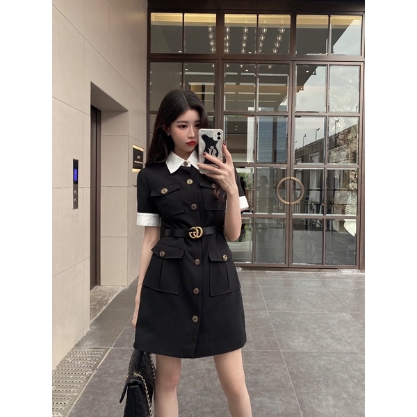 Đầm công sở dáng chữ A tay ngắn có đai thắt eo tôn dáng thương hiệu Gucci GC cao cấp