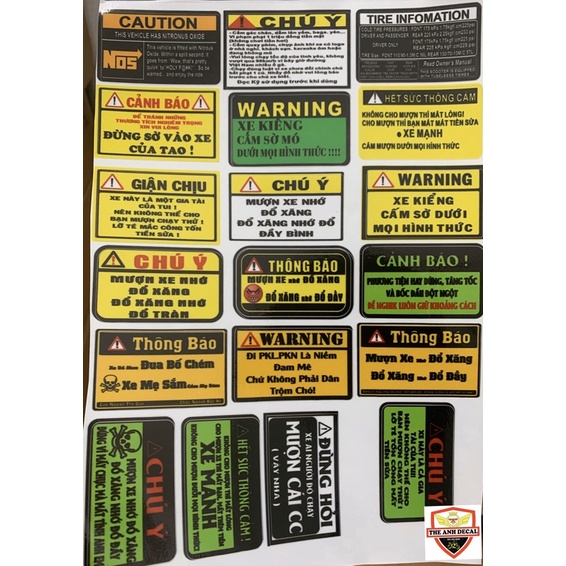 Tem cảnh báo, logo cảnh báo dán xe, e lớp trống phai