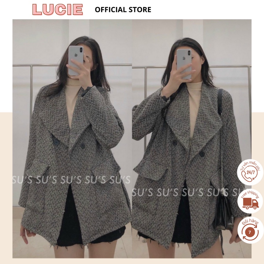 Áo dạ túi hộp cột eo xám tiêu dày dặn, đẹp, hàng thiết kế Quảng Châu, phong cách Hàn Quốc
