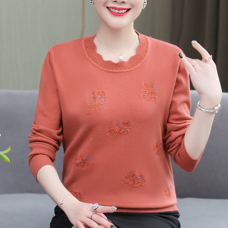 Middle aged fashion۞❈Áo dệt kim cổ tròn mẫu mới mùa xuân 21 len thời trang dáng mỏng rộng cho mẹ TRUNG NIÊN dài t