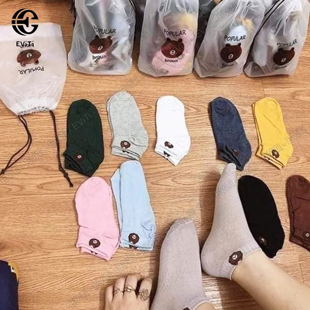 Combo 10 đôi tất cổ ngắn họa tiết gấu Brown - có kèm túi đựng . Set 10đ tất gấu nhiều màu sắc