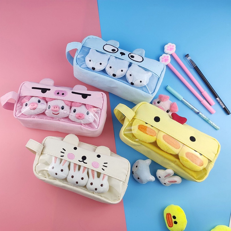 Túi Đựng Bút Chì Bằng Lông Nhung Sức Chứa Lớn In Hình Heo/Cáo Hoạt Hình Dễ Thương Cho Nữ Sinh