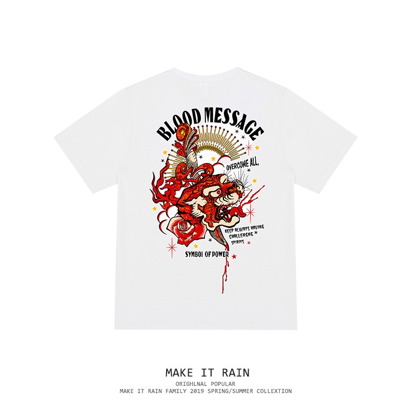 Áo thun nam cá tính rời trơn màu khổ lớn in hình học sinh hip-hop ngắn tay đầu hổ Nhật Bản