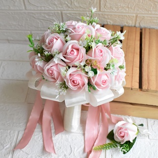 BÓ HOA CƯỚI CÔ DÂU CẦM TAY HOA HỒNG SÁP MÀU HỒNG PHẤN PASTEL, TẶNG KÈM HOA CÀI ÁO CHÚ RỂ