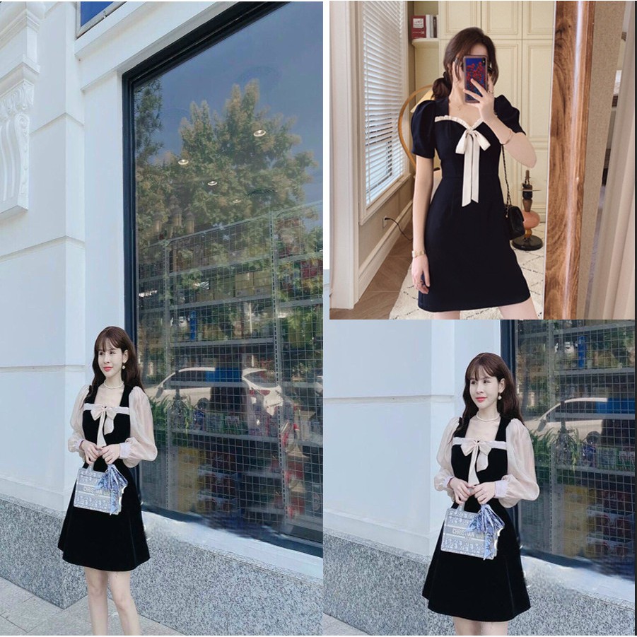 Đầm Nữ Umi Phối Voan Kiếng Cột Nơ Cổ Trẻ Trung Phong Cách