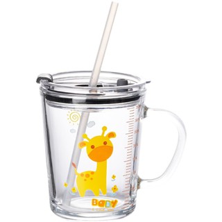 Ly thủy tinh chia vạch có quai in hình ngộ nghĩnh 350ml (kèm nắp chống tràn và ống hút sillicon)