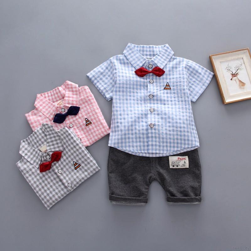 Set áo sơ mi tay ngắn & quần short phong cách Hàn Quốc cho bé trai