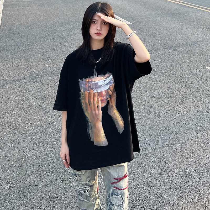 Áo Thun Nữ Ngắn Tay Cổ Tròn Form Rộng In Hình Chân Dung Phong Cách retro