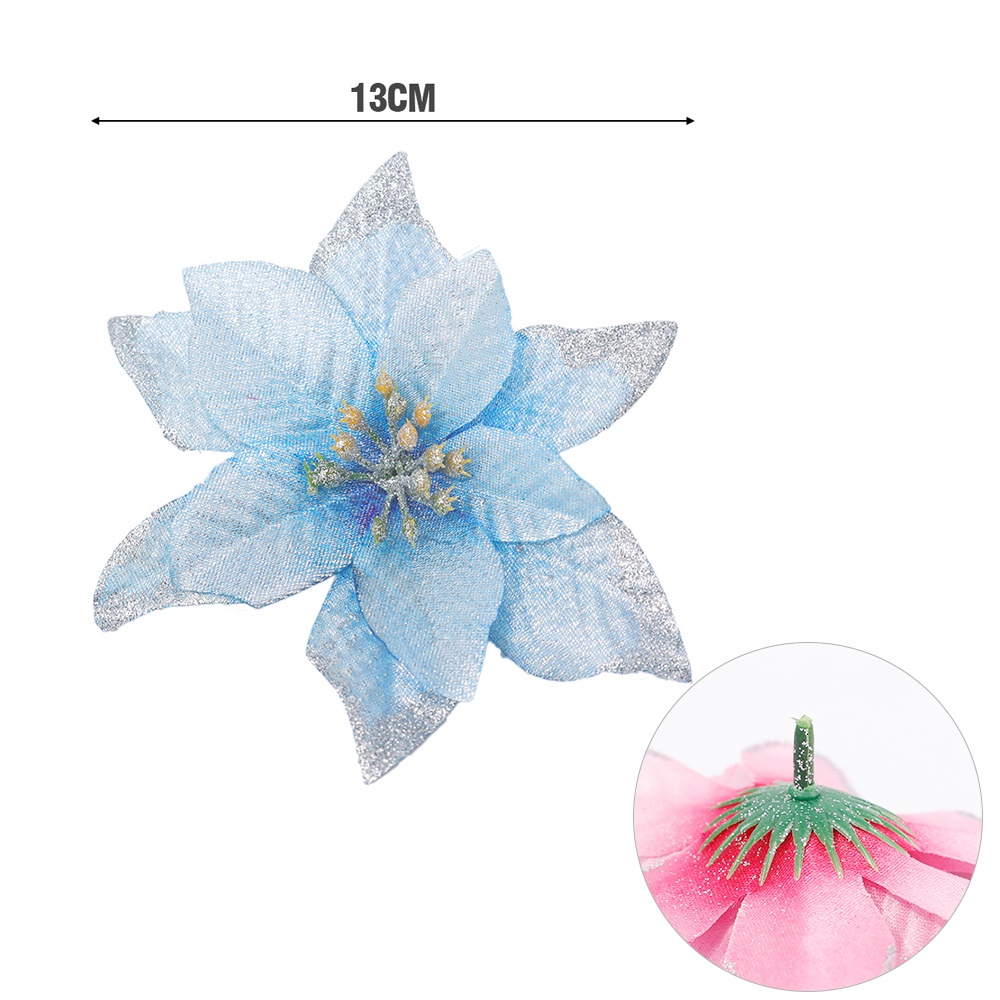 Set 10 Bông Hoa Hồng Lụa 13cm Màu Hồng / Vàng / Xanh Dương / Đỏ / Tím Lấp Lánh Trang Trí Cây Thông Giáng Sinh / Tiệc Cưới