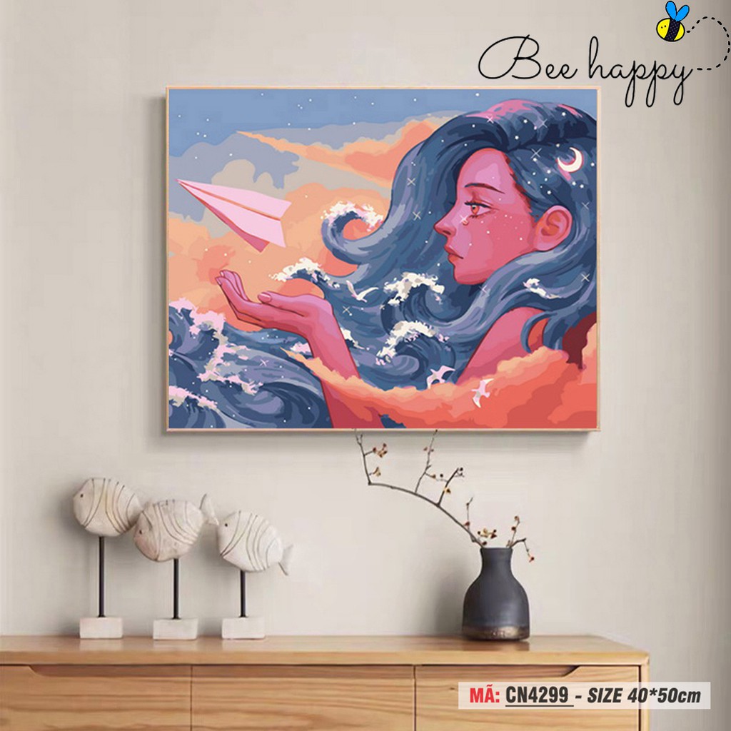 Tranh tô màu số hóa BEE HAPPY treo tường trang trí cô gái sóng biển CN4299