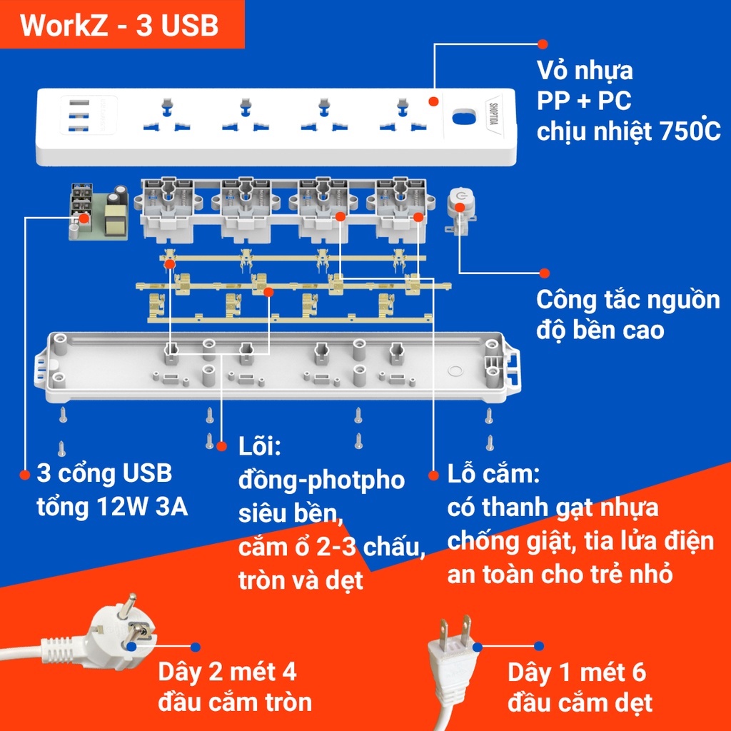 Ổ cắm điện đa năng shoptida có sạc nhanh PD 20W cổng USB + typeC, 4-6 lỗ cắm tải 2500W an toàn chống giật, chịu nhiệt