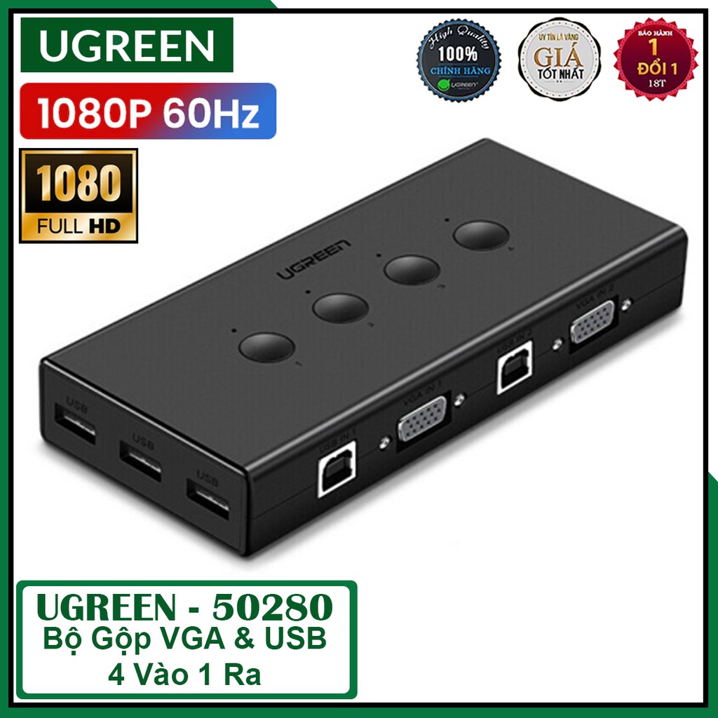 Bộ Gộp VGA Và USB Vào 4 Ra 1 Cao Câp, Ugreen 50280 Chính Hãng, Hỗ Trợ 1080@60Hz