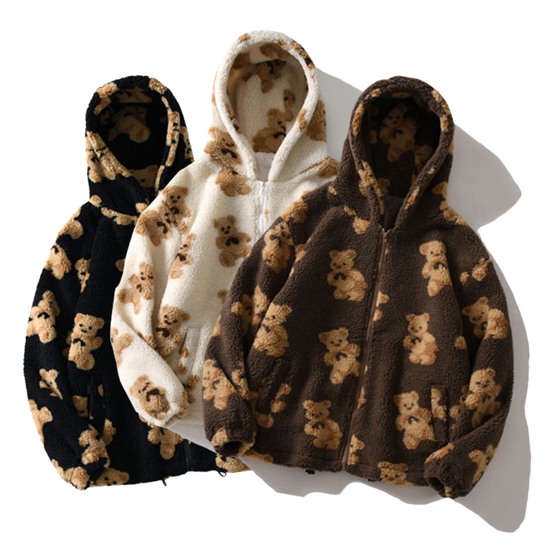 Áo hoodie MMIOT phối khóa kéo in họa tiết gấu hoạt hình thời trang mùa đông dành cho nữ