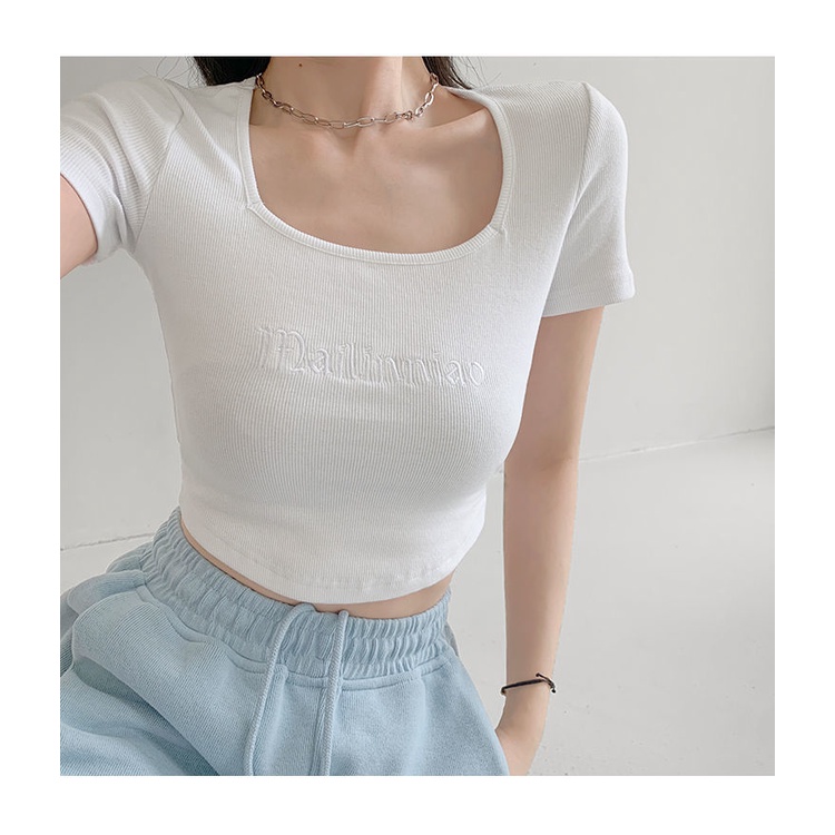 COZOK Áo Thun Lửng Tay Ngắn Cổ Vuông Màu Trơn Thêu Chữ Quyến Rũ Thời Trang Mùa Hè Cho Nữ