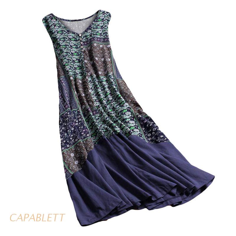 Đầm maxi không tay cổ chữ V bằng vải cotton lanh in họa tiết hoa phong cách cổ điển thời trang 2019 cho nữ