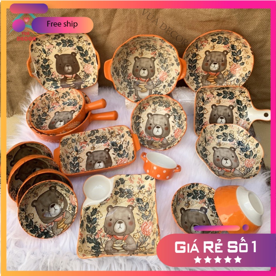 Set Bát Đĩa ⭐️Gấu Cam⭐️ Bát đĩa ăn cơm ăn mì, decor bàn ăn dễ thương S100