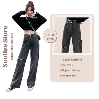 Quần jean nữ [ SooHee Store ] dáng rộng ống suông , quần rách gối , rách sườn