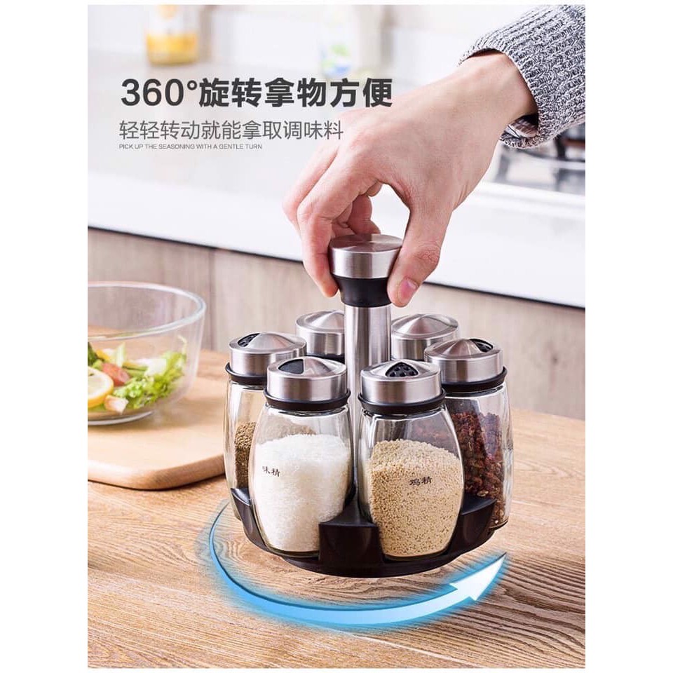 Bộ 6 Lọ Đựng Gia Vị Thủy Tinh Kèm Giá Để Xoay 360 Độ