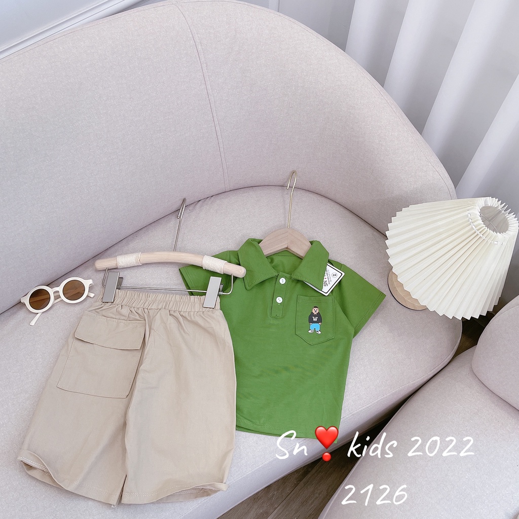 Quần áo cho bé trai, set áo có cổ gấu PO.LO kèm quần ngố kaki có túi cho bé
