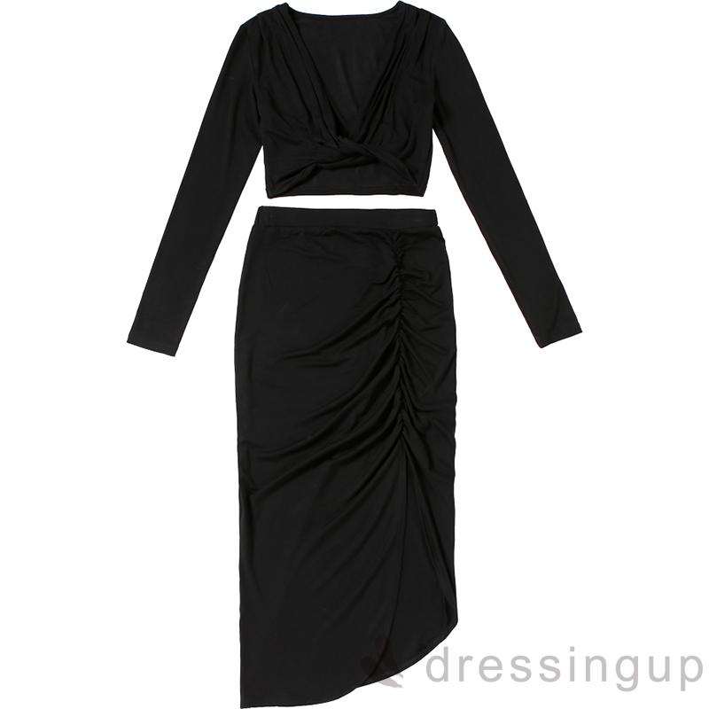 Set áo ngắn dài tay + chân váy xẻ tà thời trang dành cho nữ | BigBuy360 - bigbuy360.vn