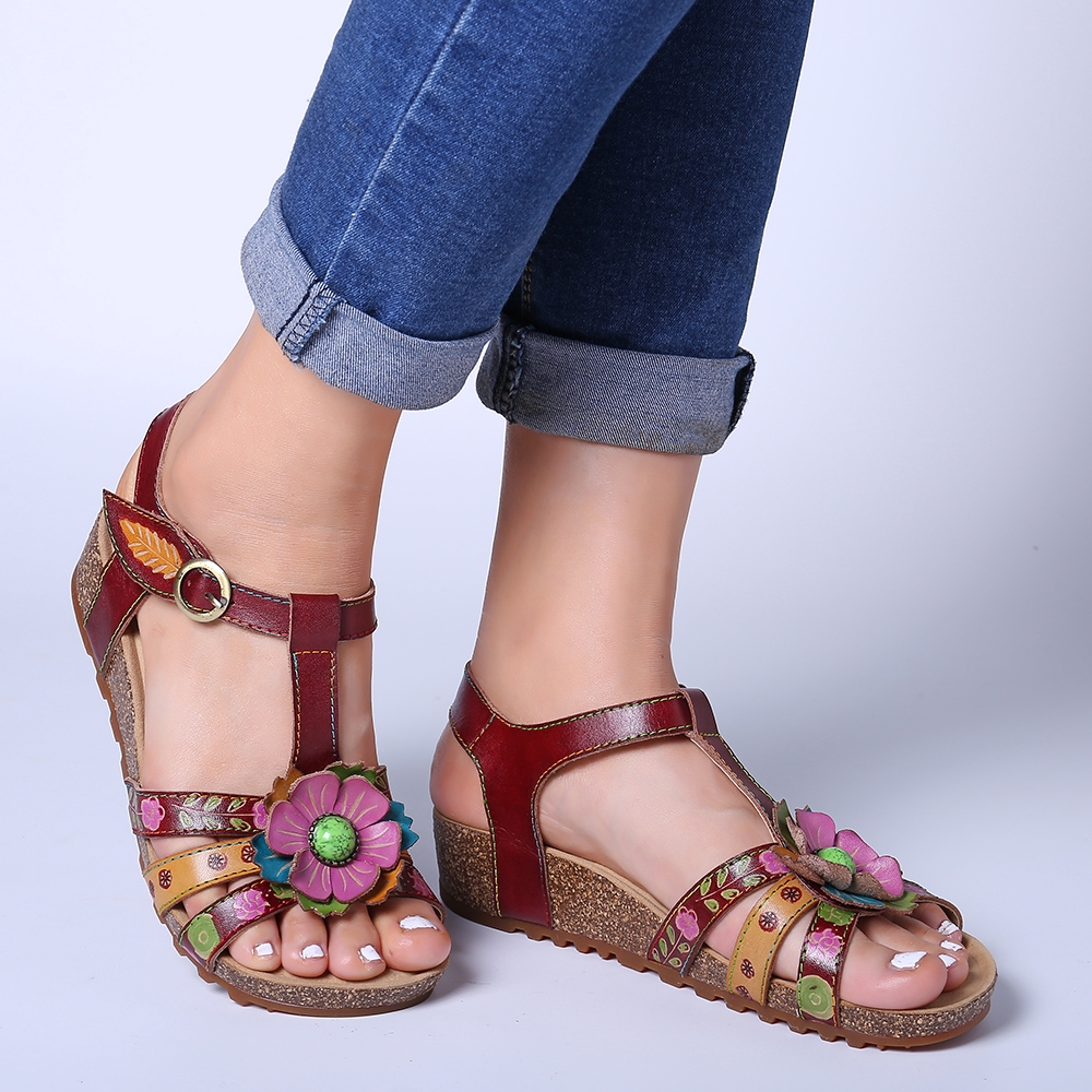 Giày sandal da siêu thoải mái hình hoa lá retro