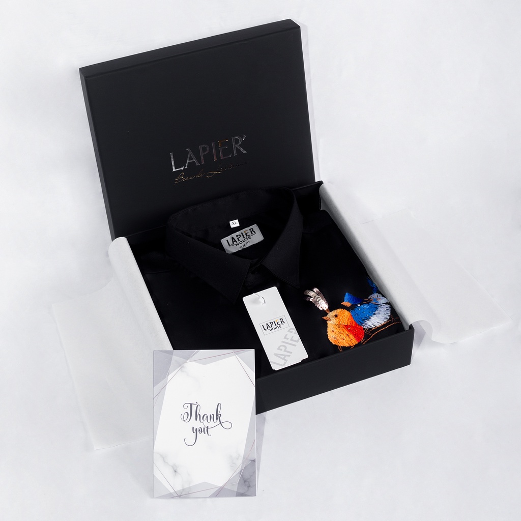 Sơ mi nam thêu thủ công Chim chích bông, hai màu đen trắng dài tay, chất liệu Bamboo sang trọng quý phái