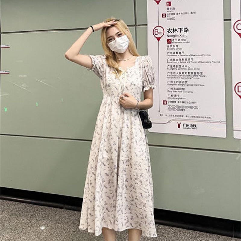 Đầm chiffon MURIOKI dáng chữ A cổ vuông tay phồng in họa tiết hoa phong cách Hàn Quốc thời trang cho nữ