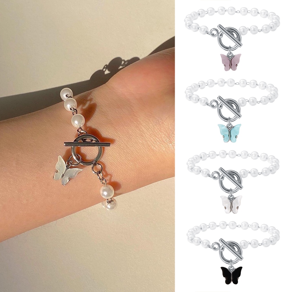 iF YOU Vòng tay mạ bạc hình bướm đính ngọc trai nhân tạo thời trang Hàn Quốc