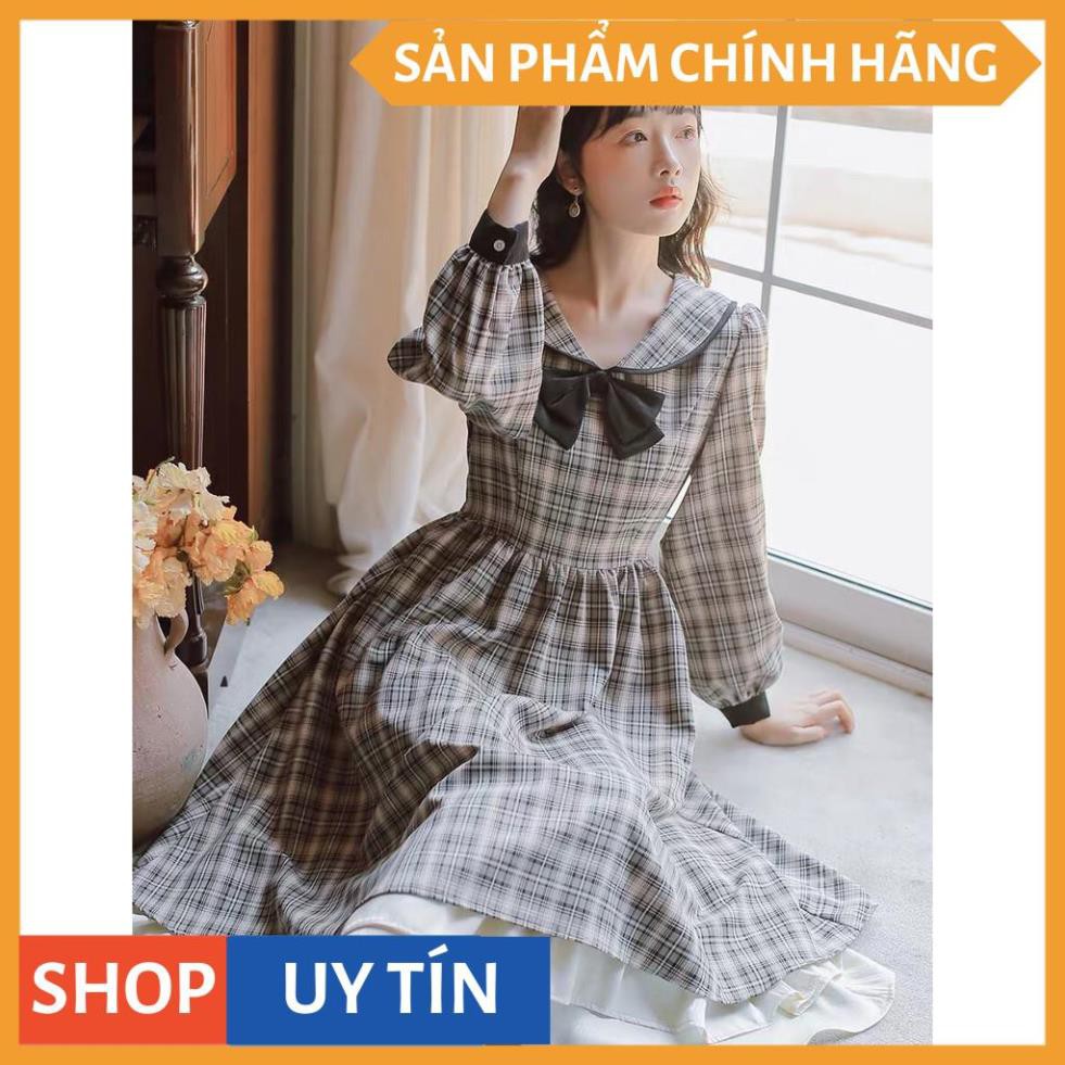 Đầm xòe caro tay dài, cổ nơ kiểu tiểu thư xinh yêu dễ thương, dự tiệc cưới đi chơi bao đẹp, hàng cao cấp tại VADA - V08 | BigBuy360 - bigbuy360.vn