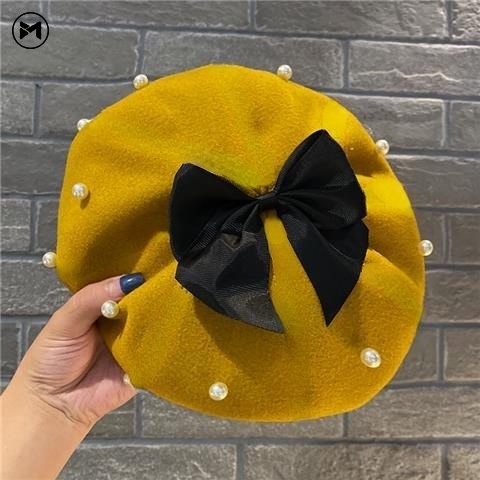 Mũ Beret Len Đính Nơ Ngọc Trai Dễ Thương Phong Cách Lolita Nhật Bản
